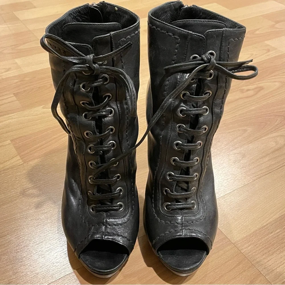 EUC Miu Miu 5” Lace-Up Peep-toe Zippered Heeled Booties, Black, Sz 8.5 / 39 - Picture 3 of 8